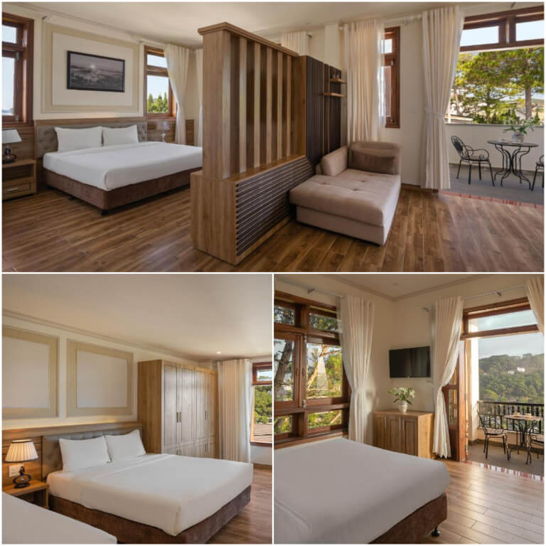 Phòng ngủ nổi bật với nhiều tone màu gỗ ấm cúng. 