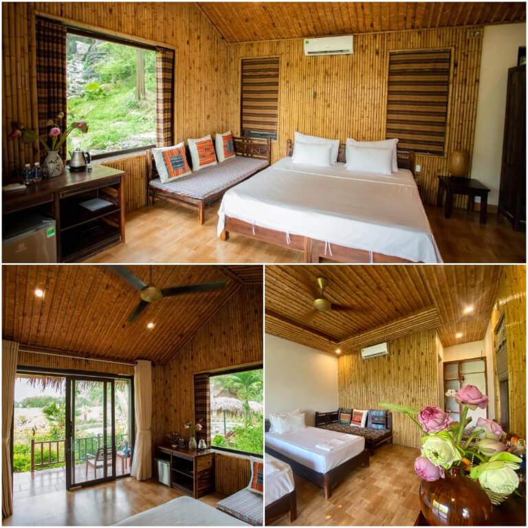 Phòng ngủ nổi bật với tone nâu vàng từ nội thất gỗ.