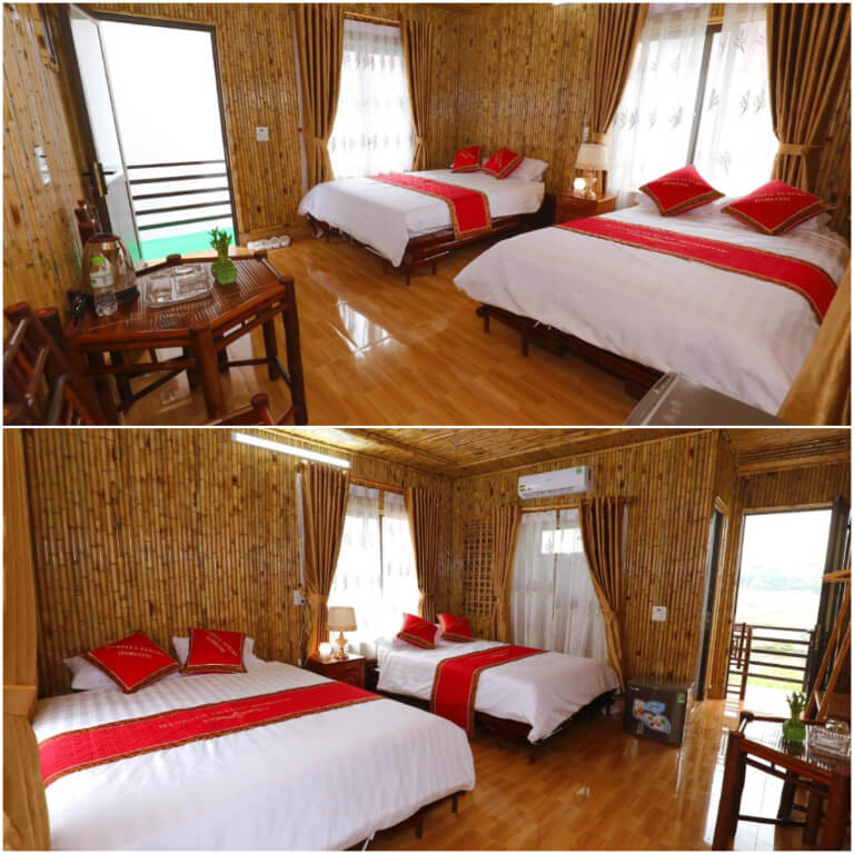 Phòng ngủ ấn tượng với nội thất gỗ bao quanh.
