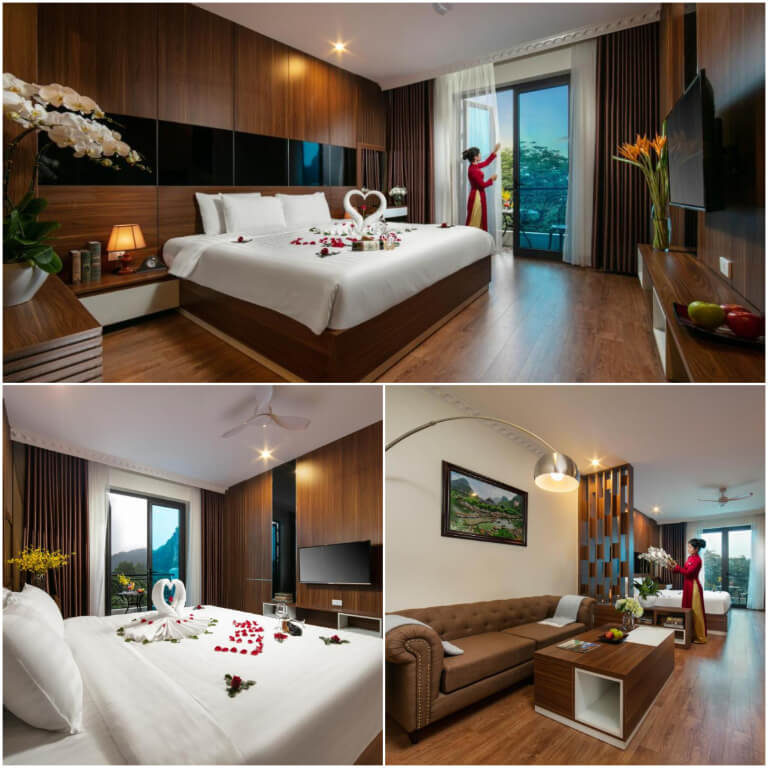 Không gian nghỉ dưỡng ấn tượng với tone nâu gỗ mang phong cách hiện đại.