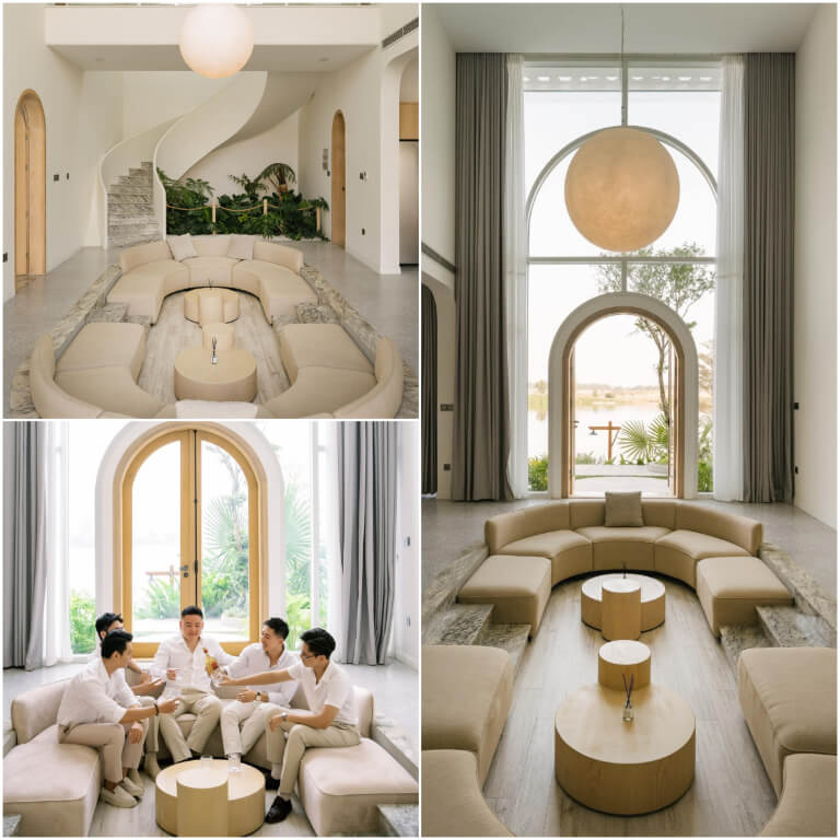 Phòng khách được trang trí ấn tượng với thiết kế sofa tròn.