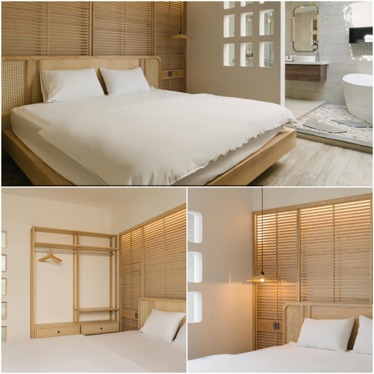 Phòng ngủ nhẹ nhàng với 2 gam màu trắng và nâu gỗ sáng.