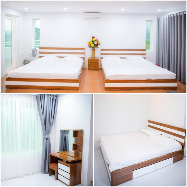Phòng ngủ hiện đại, kết hợp hài hòa giữa tone trắng và nâu gỗ.