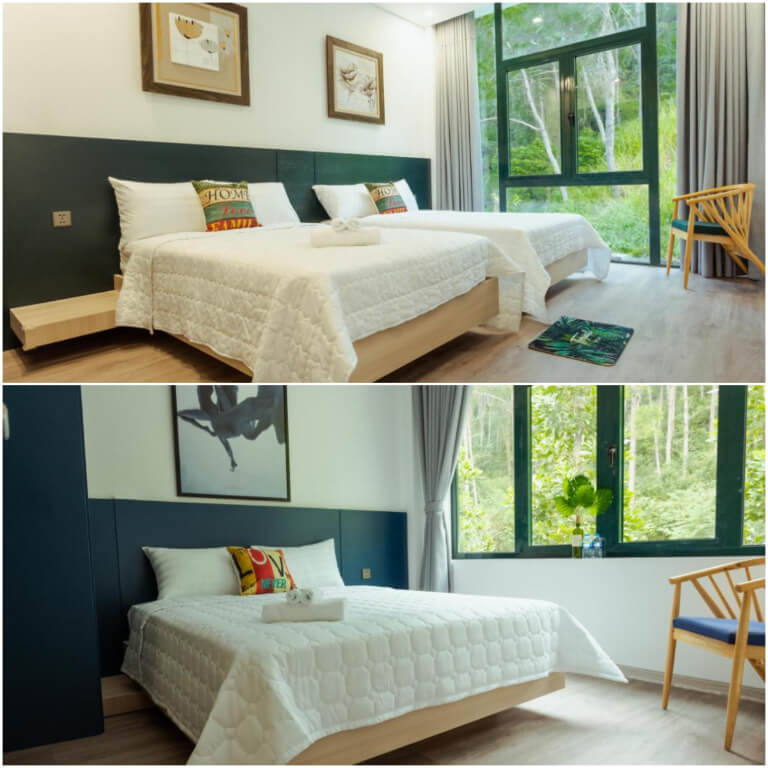 Villa cung cấp phòng giường đôi và phòng giường đơn riêng biệt.